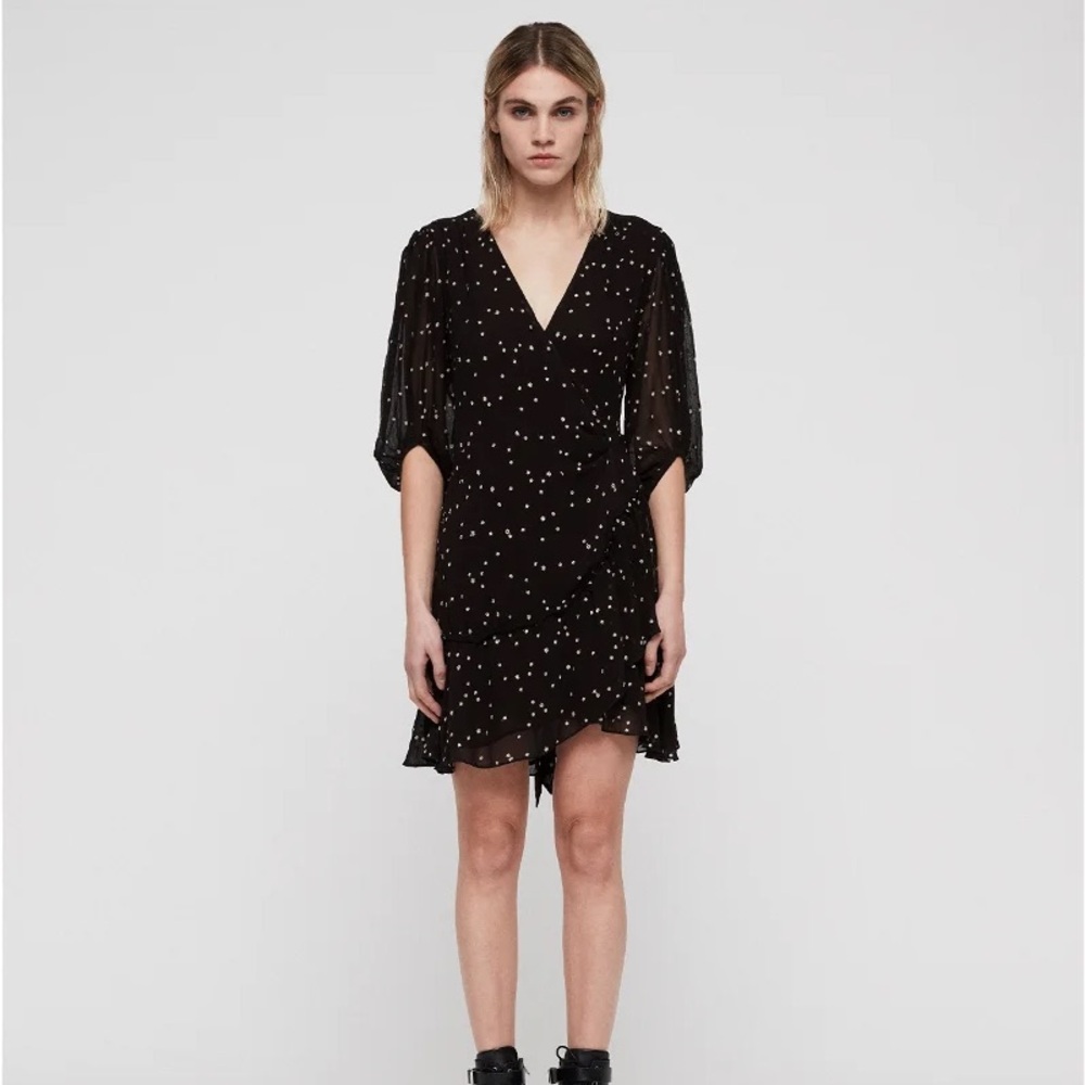 AllSaints Black Polka Dot Wrap Dress